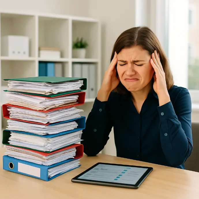 Frau mit Händen am Kopf, mit Akten vor sich auf dem Tisch